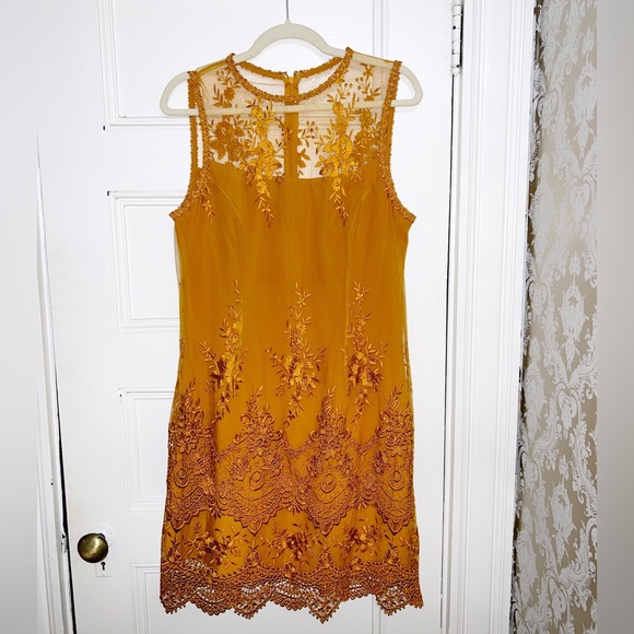 Nanette Lepore Goldenrod Shift Dress with Lace Overlay - Picture 2 of 6
